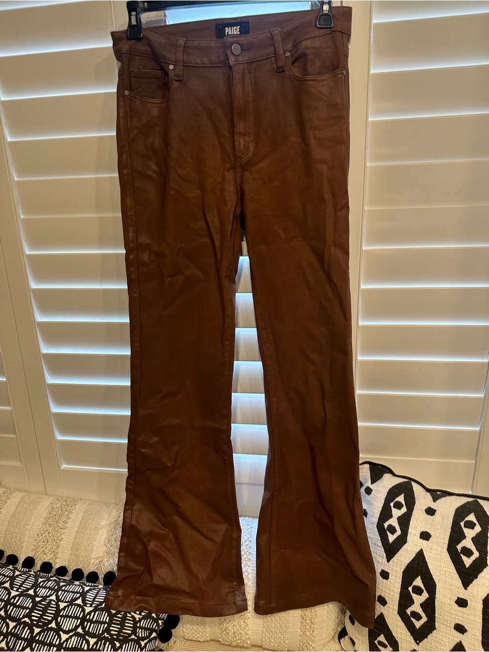 PAIGE Brown Faux-Leather  coated Flare jeans